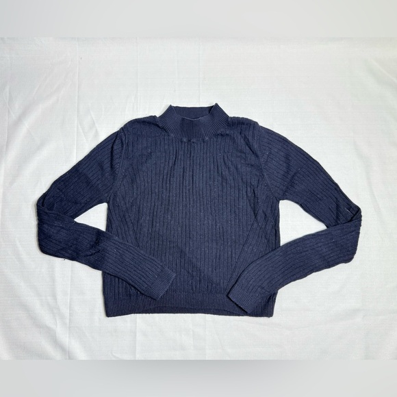 Topshop Navy Blue Long Sleeve Sheer Mock Neck Shirt Crop Top Size US 8 - Picture 1 of 6